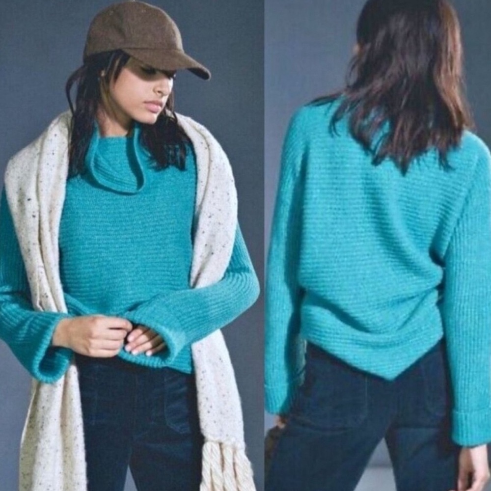 Anthropologie Pilcro Cozy Cowl Neck Oversized Slouchy Knit Sweater Teal Blue XS